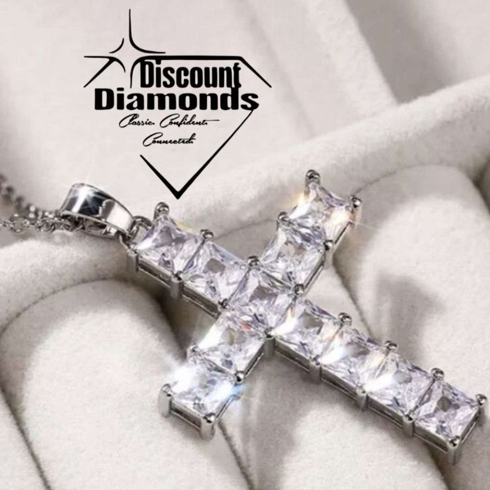 Clear White Halo Diamond Cross Pendant Necklace on 925 Sterling Silver